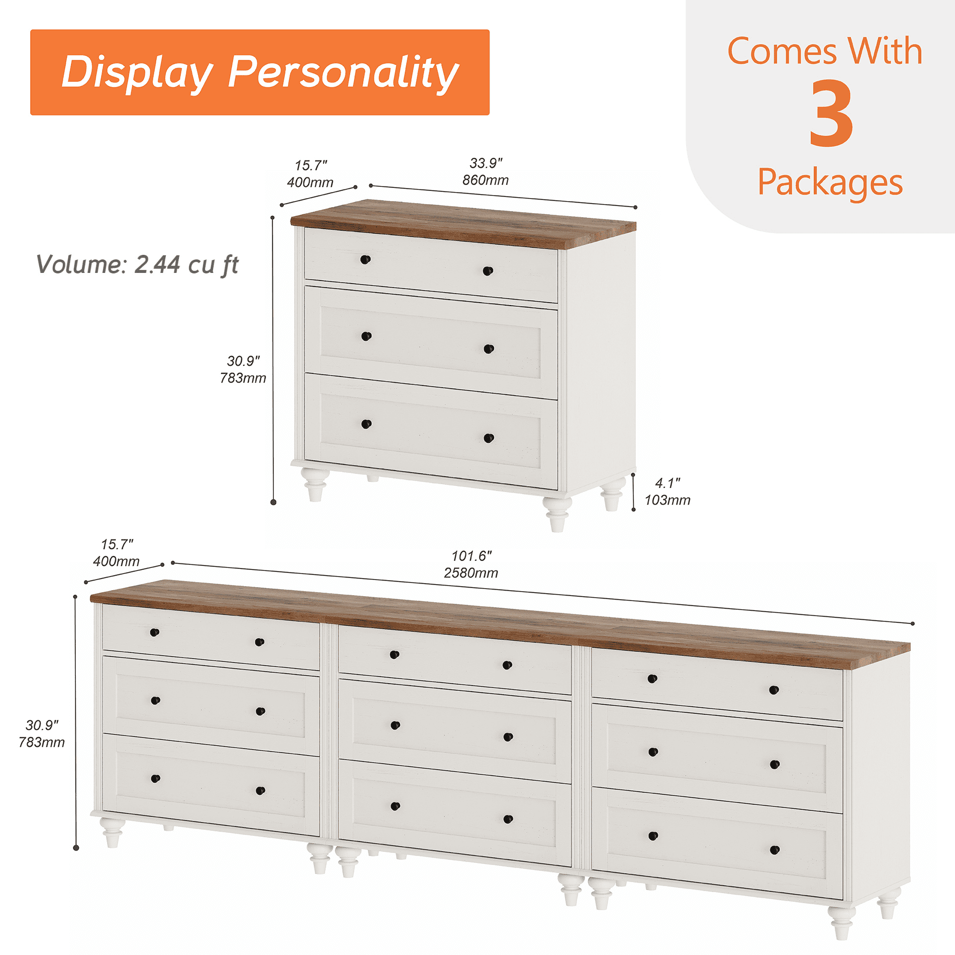 102" Dresser Cabinet with 9 Drawers, Mid-Century Modern Wooden Bedroom Closet Storage Organizer, Farmhouse Small Dressers Suitable for Living Room, Nursery, and Hallway, White