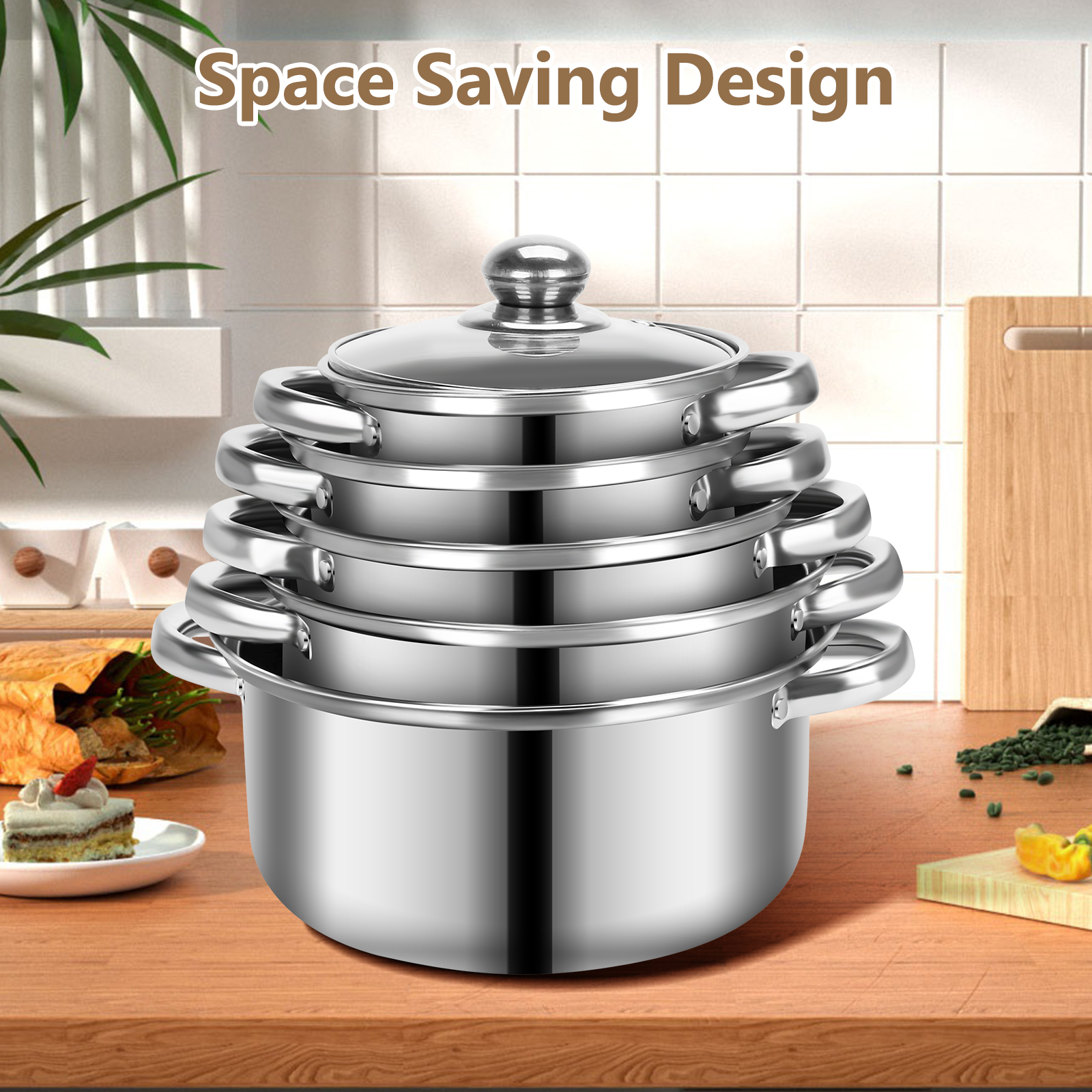 SSAWcasa Cookware Set, Stainless Steel Soup Pots with Glass Lids, Pasta Pot Stock Pot Cooking Pot for All Stoves, Dishwasher Safe - 10 Pieces Set, Silver