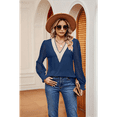 thumbnail image 4 of Women'S V Neck Shirred Mesh Flounce Long Sleeve Blouse Casual Top Blue XL, 4 of 7