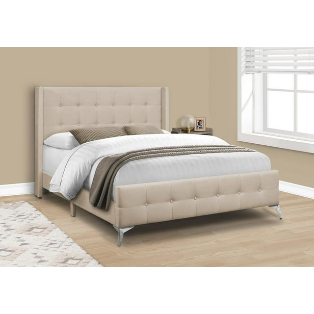 Transitional queen size platform bed featuring a beige upholstered linen-look frame with tufted headboard and footboard, supported by chrome metal legs.