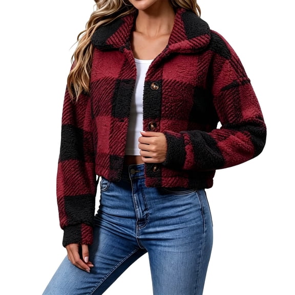 Plaid Jacket for Women, Winter Fuzzy Fleece Button Copped Coat, Long Sleeve Lapel Collar Casual Warm Outerwear