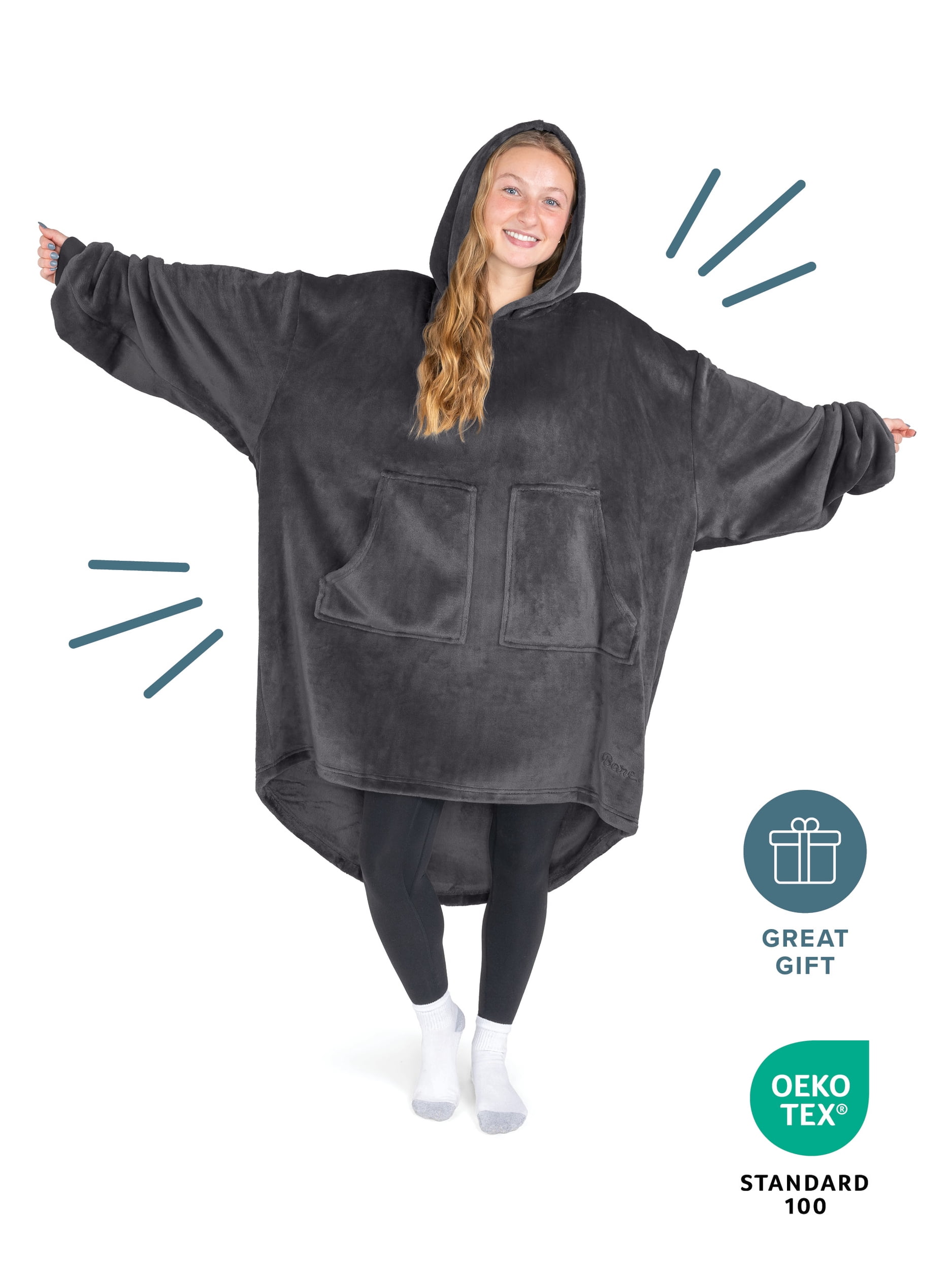Bare Homey B-Warm Adult Size Microplush Wearable Blanket, Split Front Pocket, Forged Iron Gray