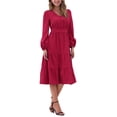 thumbnail image 2 of Vestido V de cuello en forma de inspiración chic para mujer, con mangas de linterna, volantes, corte A, elegante, casual, midi, talla XL, rojo oscuro, 2 of 6