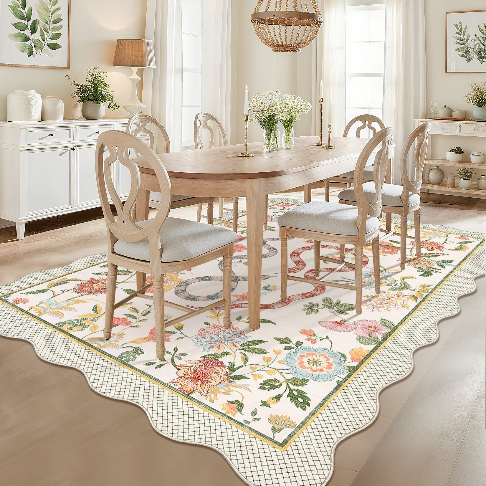 HOMERRY Area Rug 5' x 7' Rugs for Living Room Modern Washable Indoor Scalloped Snake Animal Floral Print Carpet, Beige