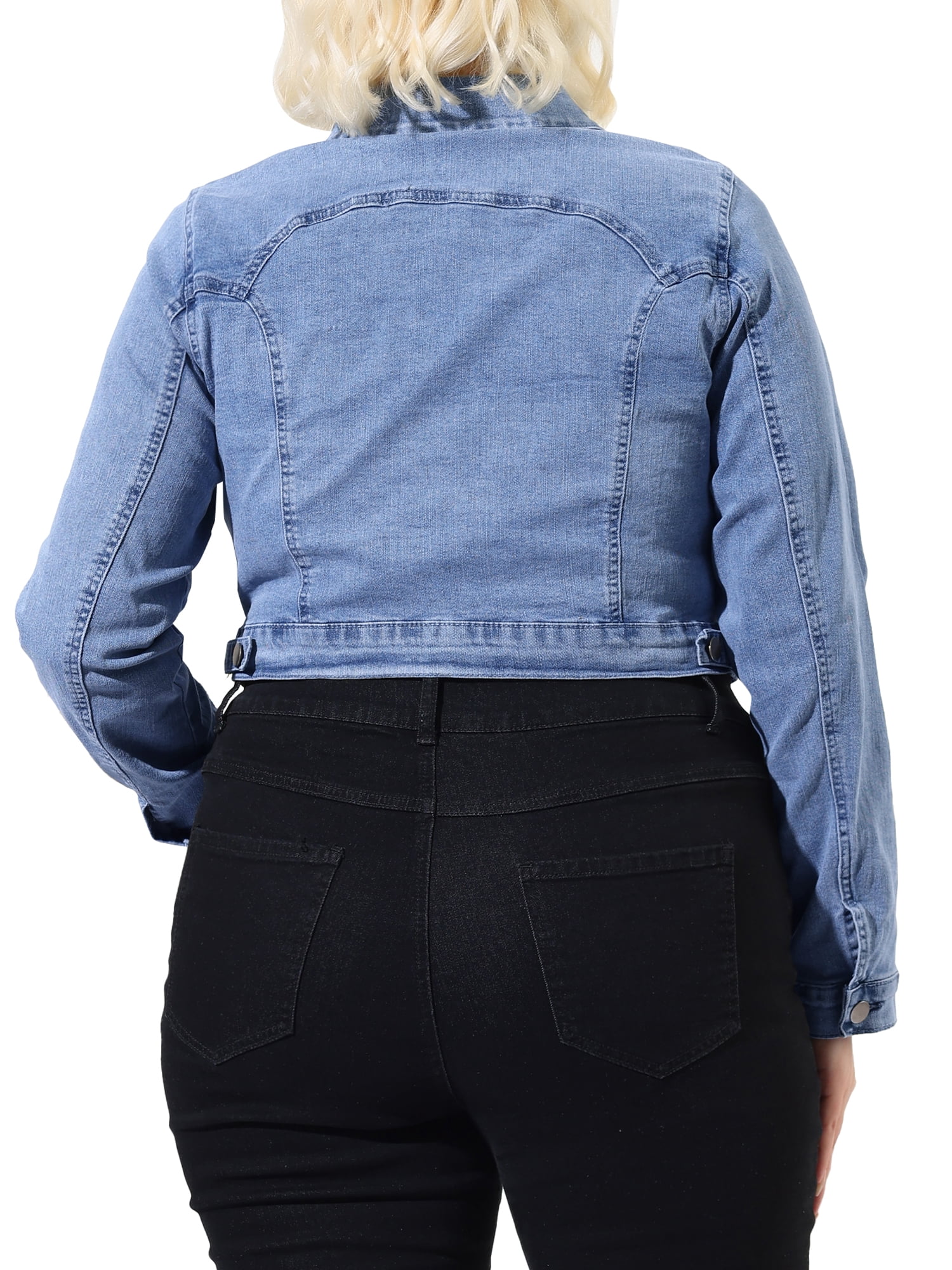 Unique Bargains Juniors' Plus Size Button Closed Cropped Denim Jacket