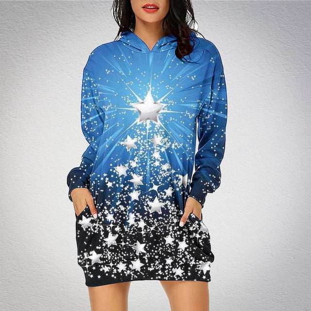 TIMIFIS Robe Chandail à Capuche pour Femmes Imprimé de Noël Manches Longues Ample avec Poches