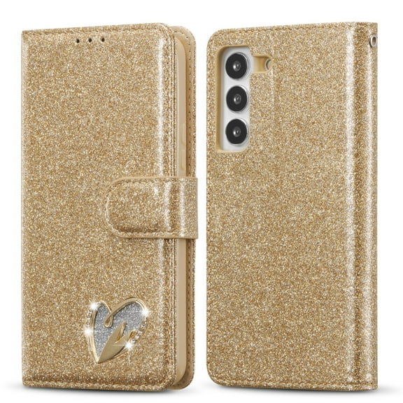 SaniMore Magnetic Closure Flip Wallet Case for Samsung Galaxy S23, [RFID Blocking] Card Holder PU Leather Glitter Diamond Heart Cover with Kickstand Shockproof Protective Shell, Gold