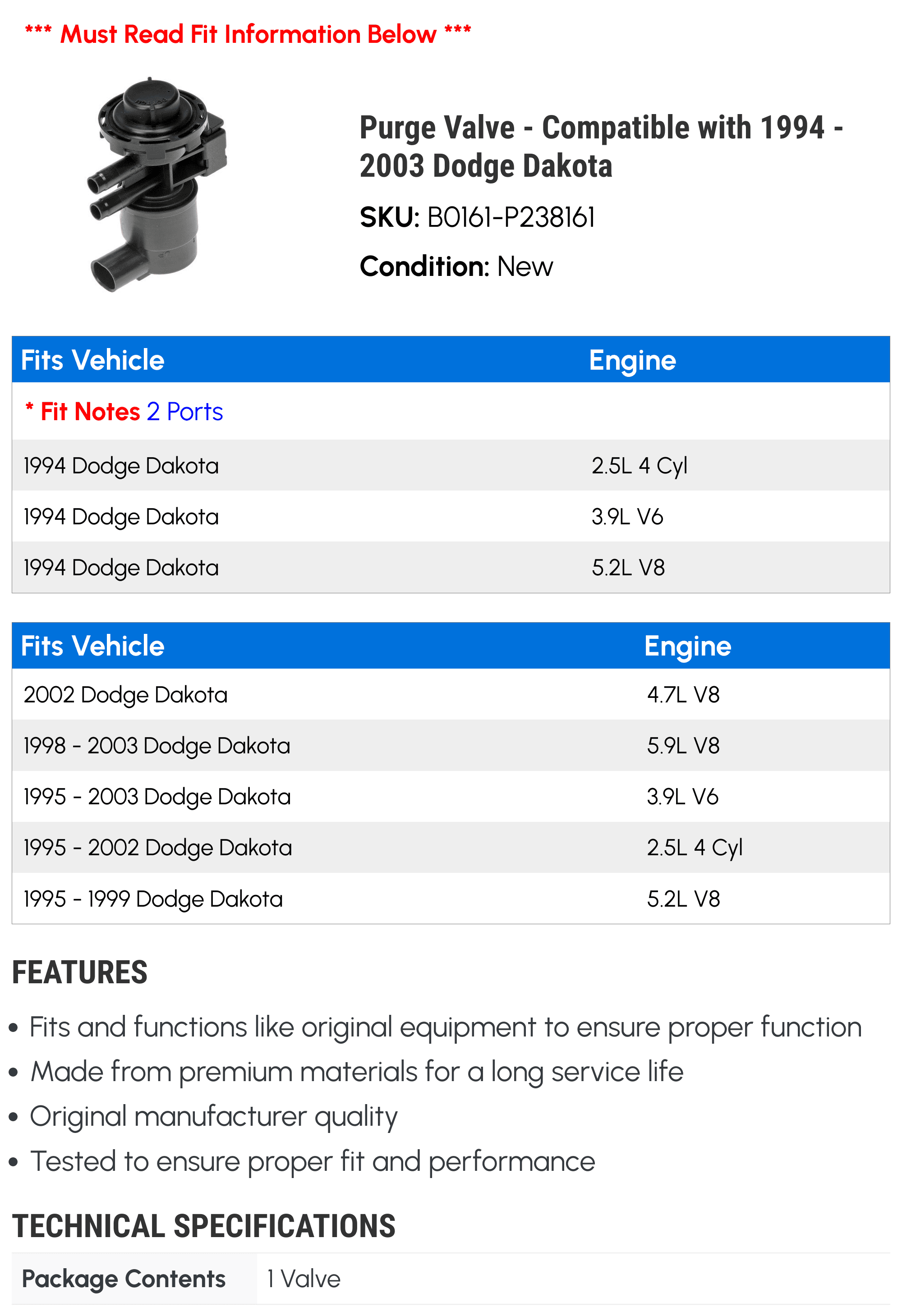 Purge Valve - Compatible with 1994 - 2003 Dodge Dakota 1995 1996 1997 1998 1999 2000 2001 2002