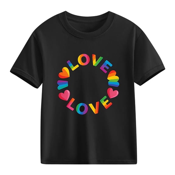 Kids Love Rainbow Heart Graphic T-Shirt - Cotton Short Sleeve Tee for Girls, Black,Size 5 T