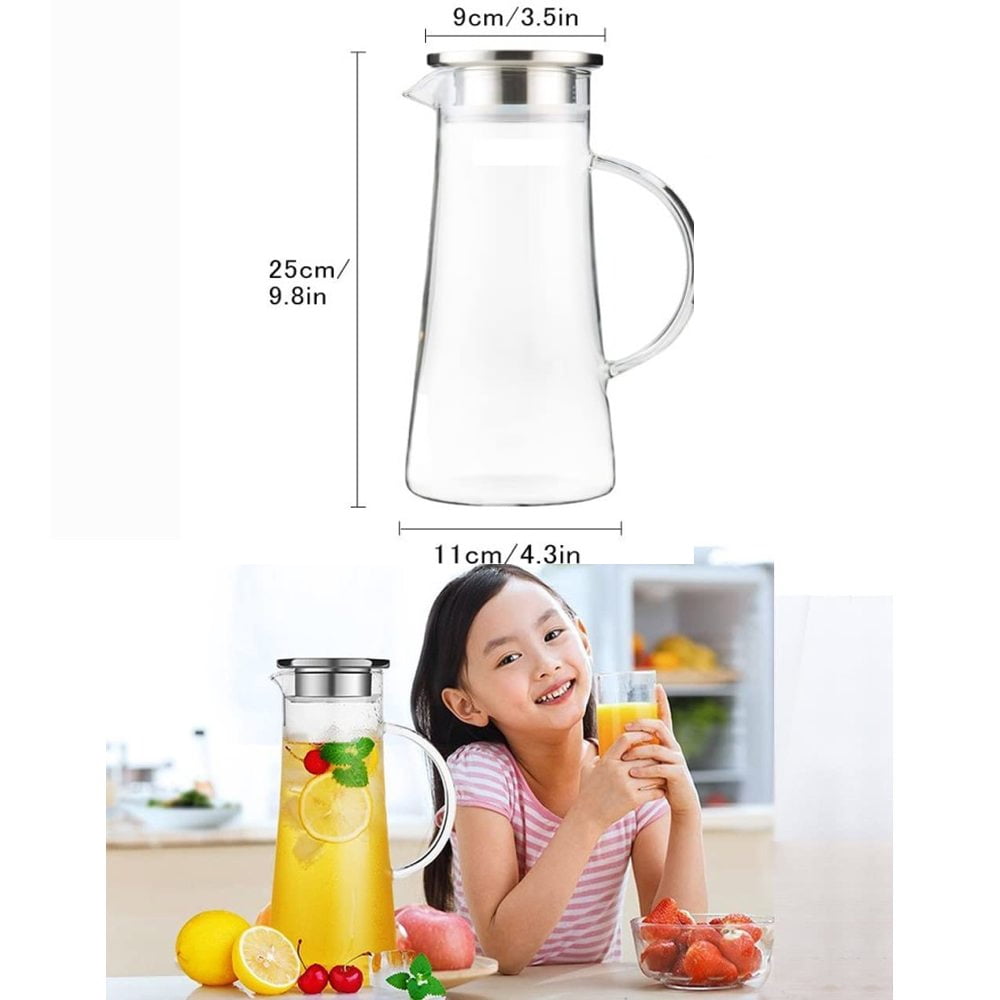 Elegant Design Glass Pitcher with Lid, Thermo-resistant Pour & Filter Jug, Heat Resistant Glass, Large Comfortable Handle, Rubber Sealed Leakproof Lid for Beverage Pitchers for