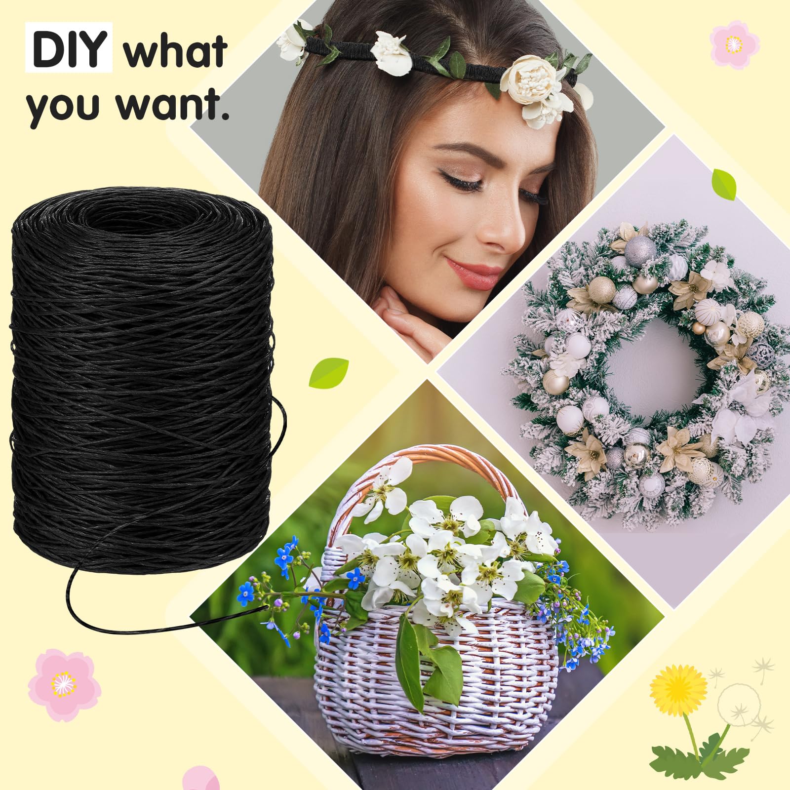210m Floral Wire, 4mm Paper Covered Bind Wire Wrap Twine, Floral Vine Bind Wire Rustic Wrapping Wire for Flower Bouquets(black)