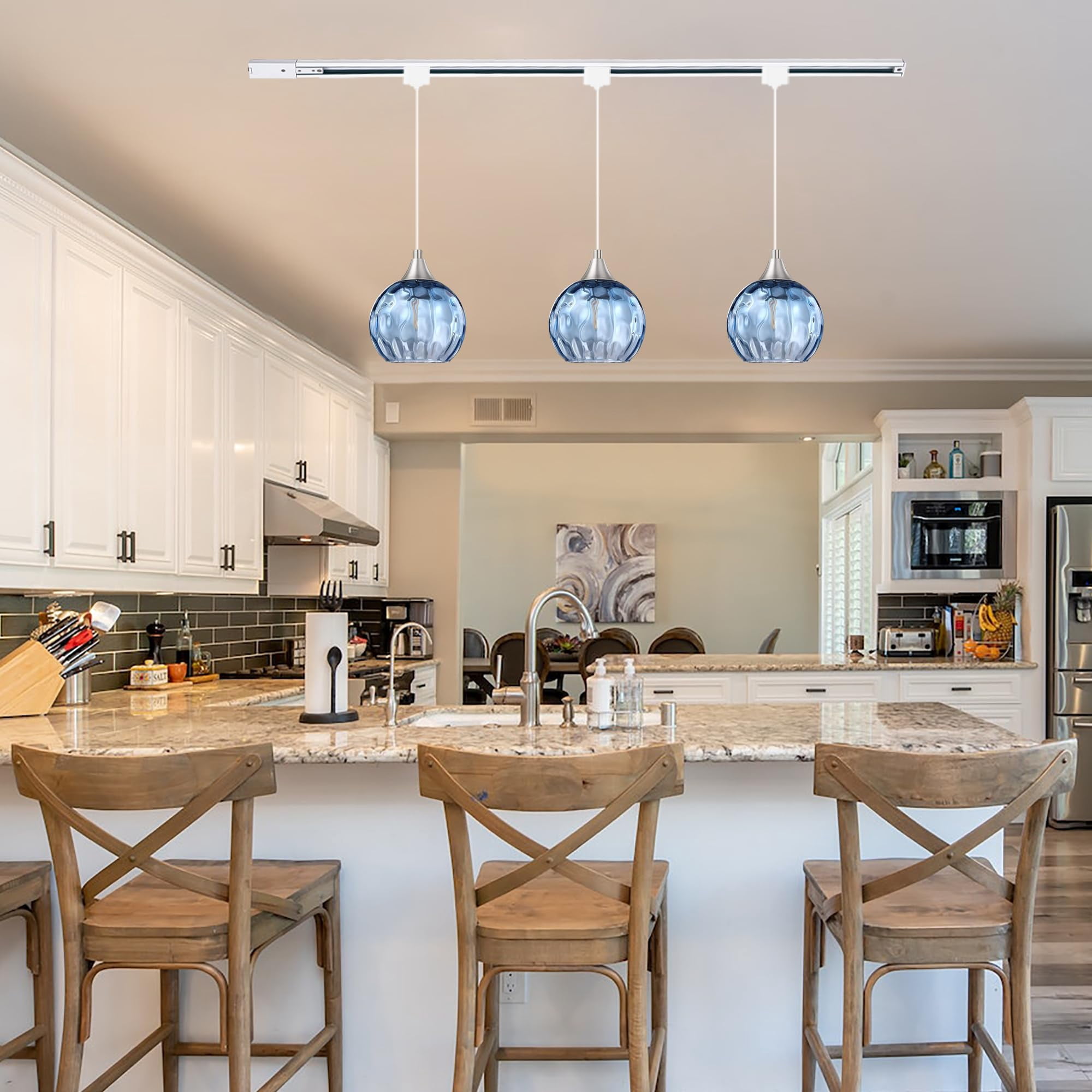 Kiven H-Type track lighting pendants,Modern h track pendant lights with Blue Glass Globe,Decorative Track Lighting Fixture for Kitchen Hallway Restaurant Shop(3-Light)