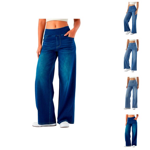 Jeans for Women 2026 Trendy Stretchy Wide Leg Loose Fit High Waisted Straight Leg Denim Pants with Pockets