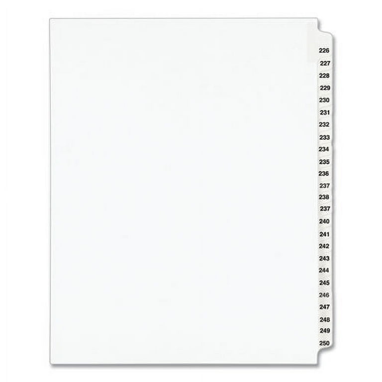 Preprinted Legal Exhibit Side Tab Index Dividers, Avery Style, 25-Tab, 226 to 250, 11 x 8.5, White, 1 Set, (1339)