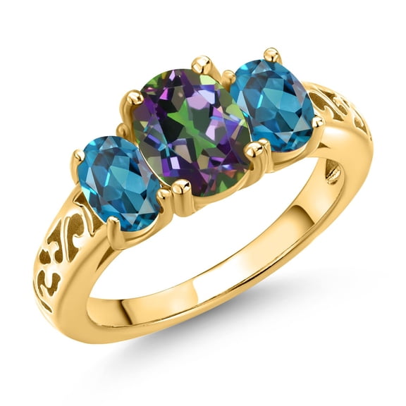 Gem Stone King 18K Yellow Gold Plated Silver Green Mystic Topaz and London Blue Topaz Filigree Style 3 Stone Ring for Women (2.78 Cttw, Oval 8X6MM and 6X4MM) (Size 7)