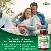 Zazzee USDA Organic Red Korean Panax Ginseng 1000 mg – Supports Energy & Focus – 20:1 Extract