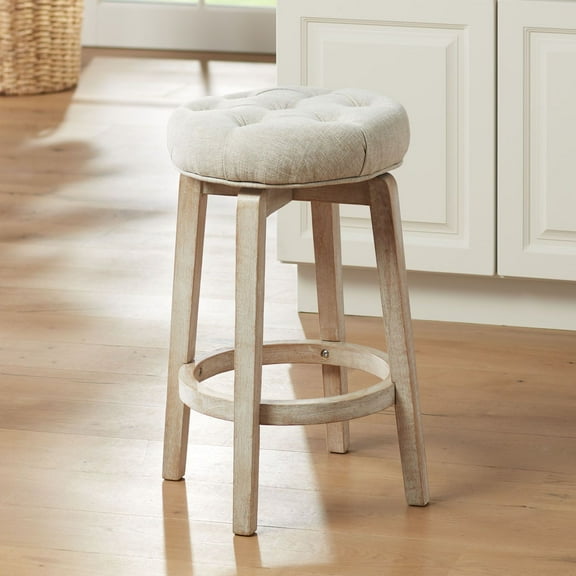 55 Downing Street Shelby White Wood Swivel Bar Stool 26" High Farmhouse Rustic Oatmeal Upholstered Cushion with Footrest for Kitchen Counter Height