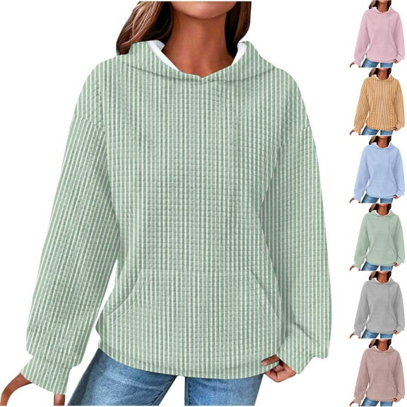 Ashirexll Womens Hoodies, Oversized Hoodies for Women, Ladies' Solid Color Plaid Hooded Sweatshirts Round Neck Long Sleeve Tops