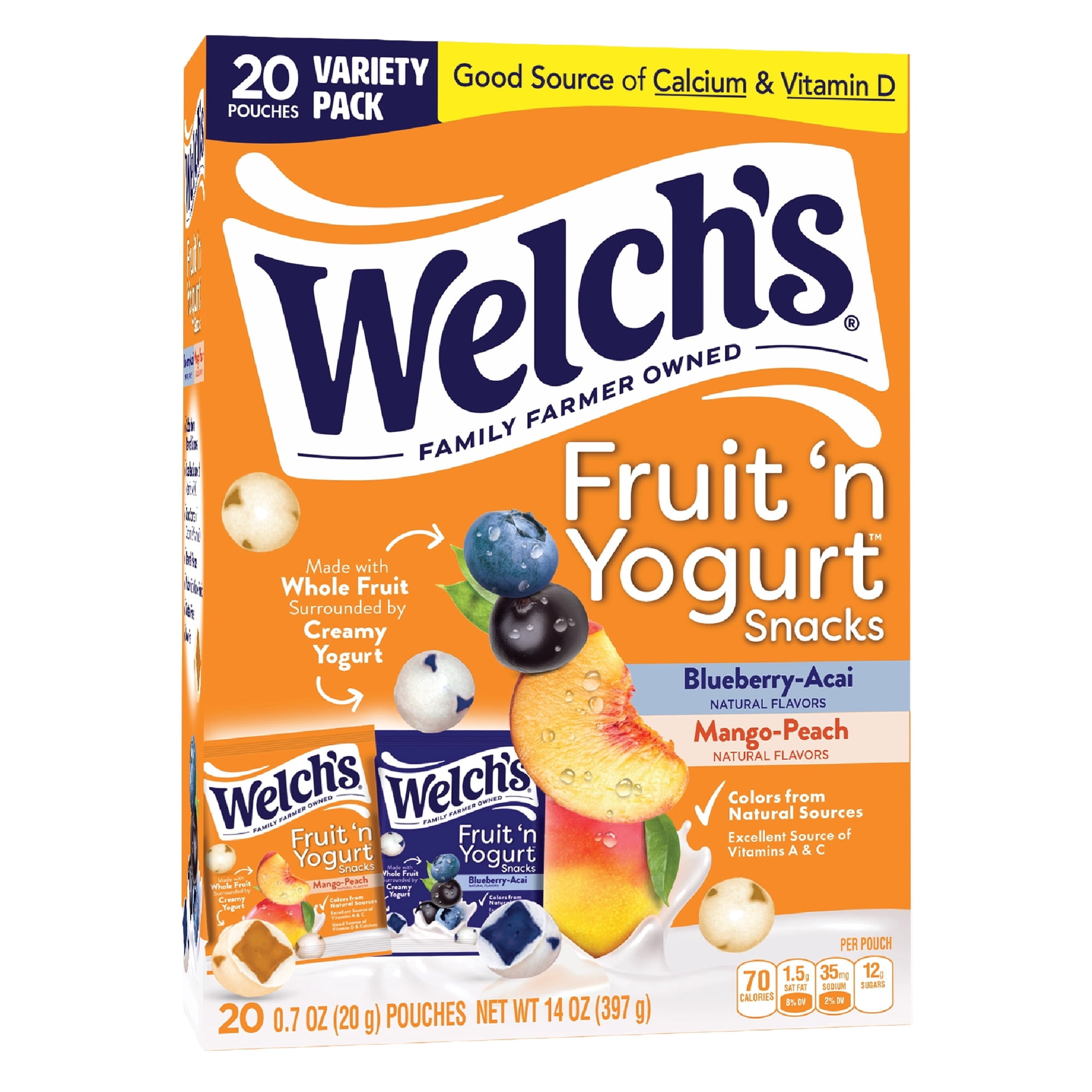 Welch's Fruit 'N Yogurt Snacks, Blueberry-Acai & Mango-Peach, Kids Snacks, 0.7 oz, 20 Count
