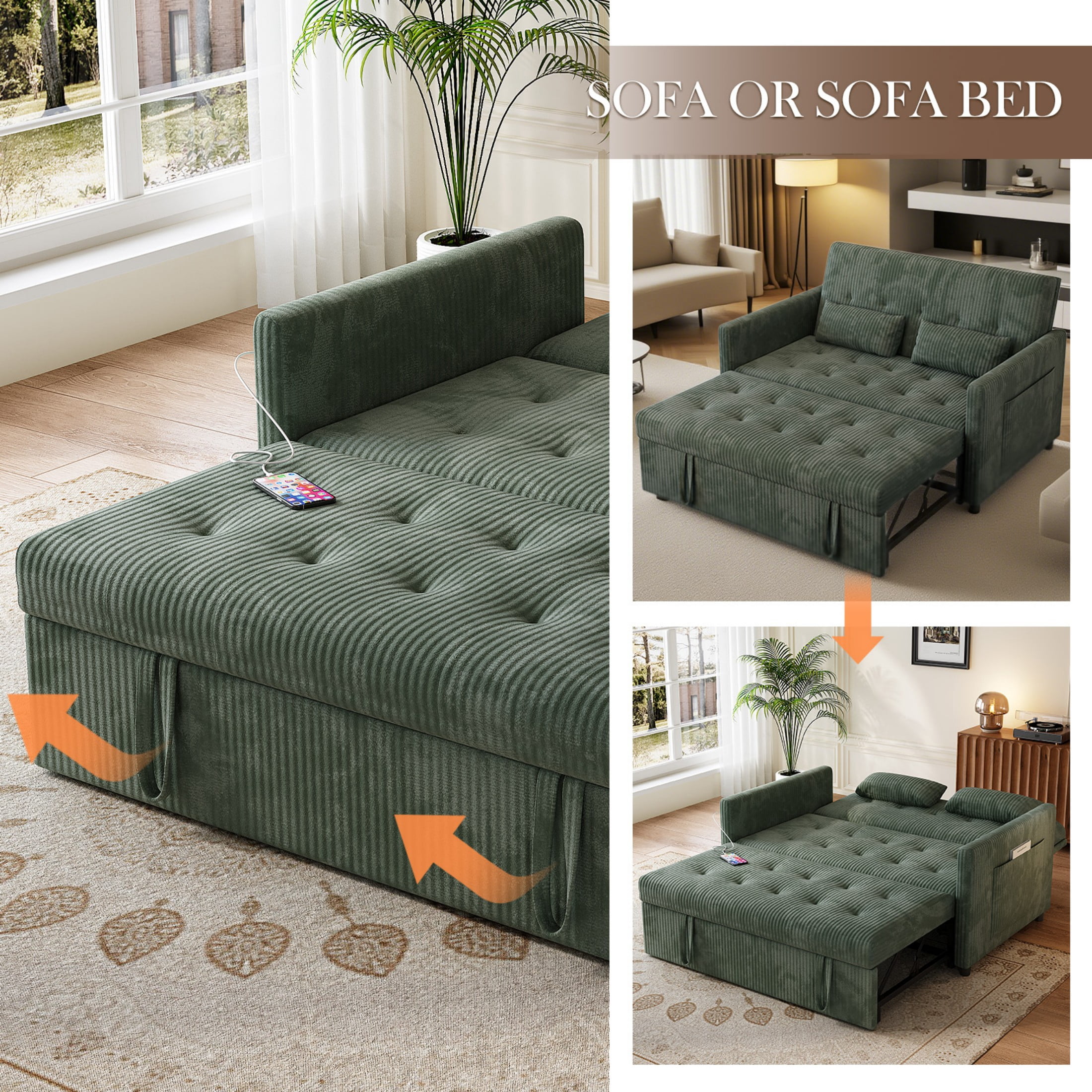 Loveseat Sleeper Sofa,Convertible Sofa Bed,3-in-1 Modern Couch with Pull Out Bed,Sofa Bed with Pockets and USB for Small Spaces,Green