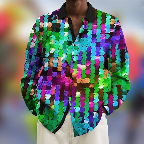 Mens Shirts Casual Carnival Festival Colorful Long Sleeve Button Down Lapel Top Party Events Breathable Soft Fabric Shirt for Men Multicolour1 L