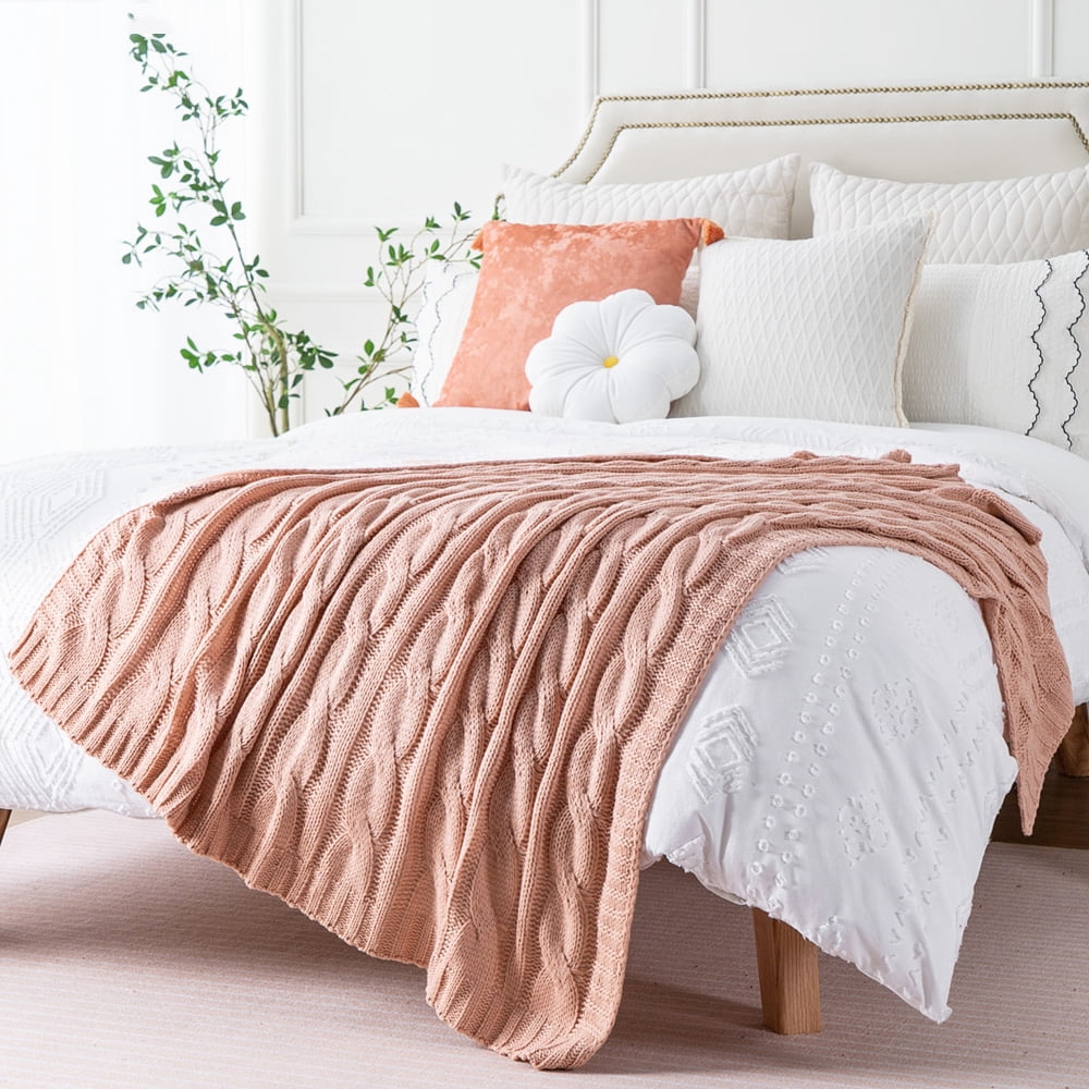 Battilo Cable Knitted Blanket Blush Pink for Sofa,Pale Pink Blankets for Fall Home Decor,50" x 60"