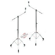 Cymbal Stand With Boom Arm by Griffin (Pack of 2) Drum Percussion Gear Hardware Set with Double Braced Legs Counterweight Adapter for Mounting Heavy Duty Crash, Ride, Splash Cymbals For Drummers