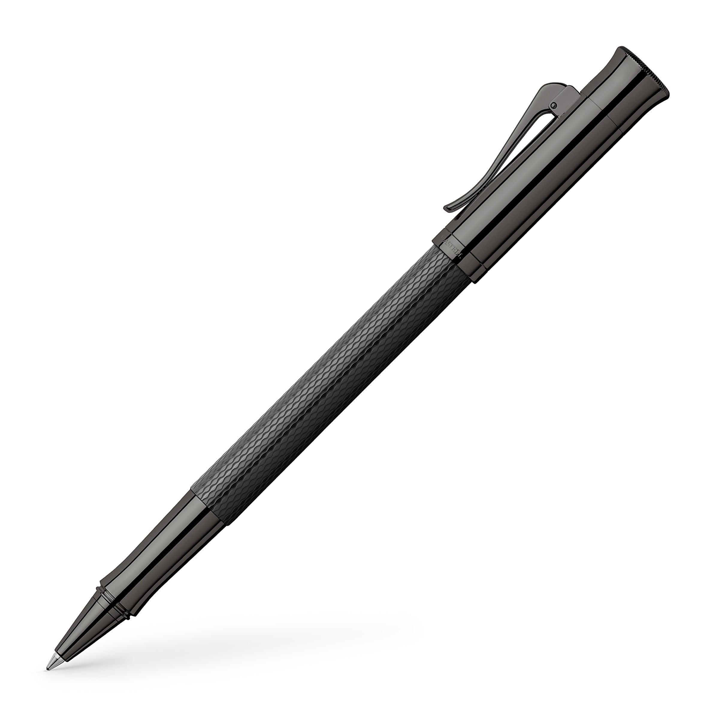 Graf Von Faber Castell Rollerbalpen - Guilloche Black Collectie - Edelhars Zwarte Schacht - PVD Titanium Afwerking - 135 Mm - Sneldrogende Zwarte Inkt - 145269