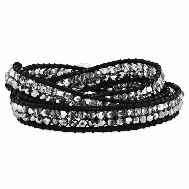 Grey Crystals Bead Leather Multi Wrap Bracelet Adjustable Stretch Natural Stone Shell Wood
