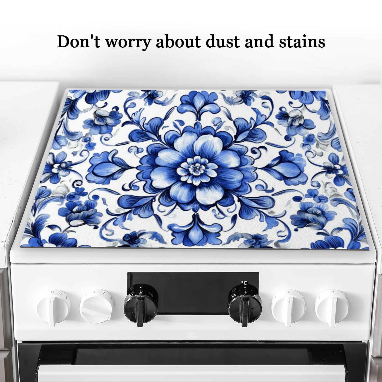 Electric Stove Top Cover, Blue White Acanthus Leaves Kitchen Cooktop Induction Protector, Square Foldable Stove Cover Mat for Kitchen RV (28×20 Inch)