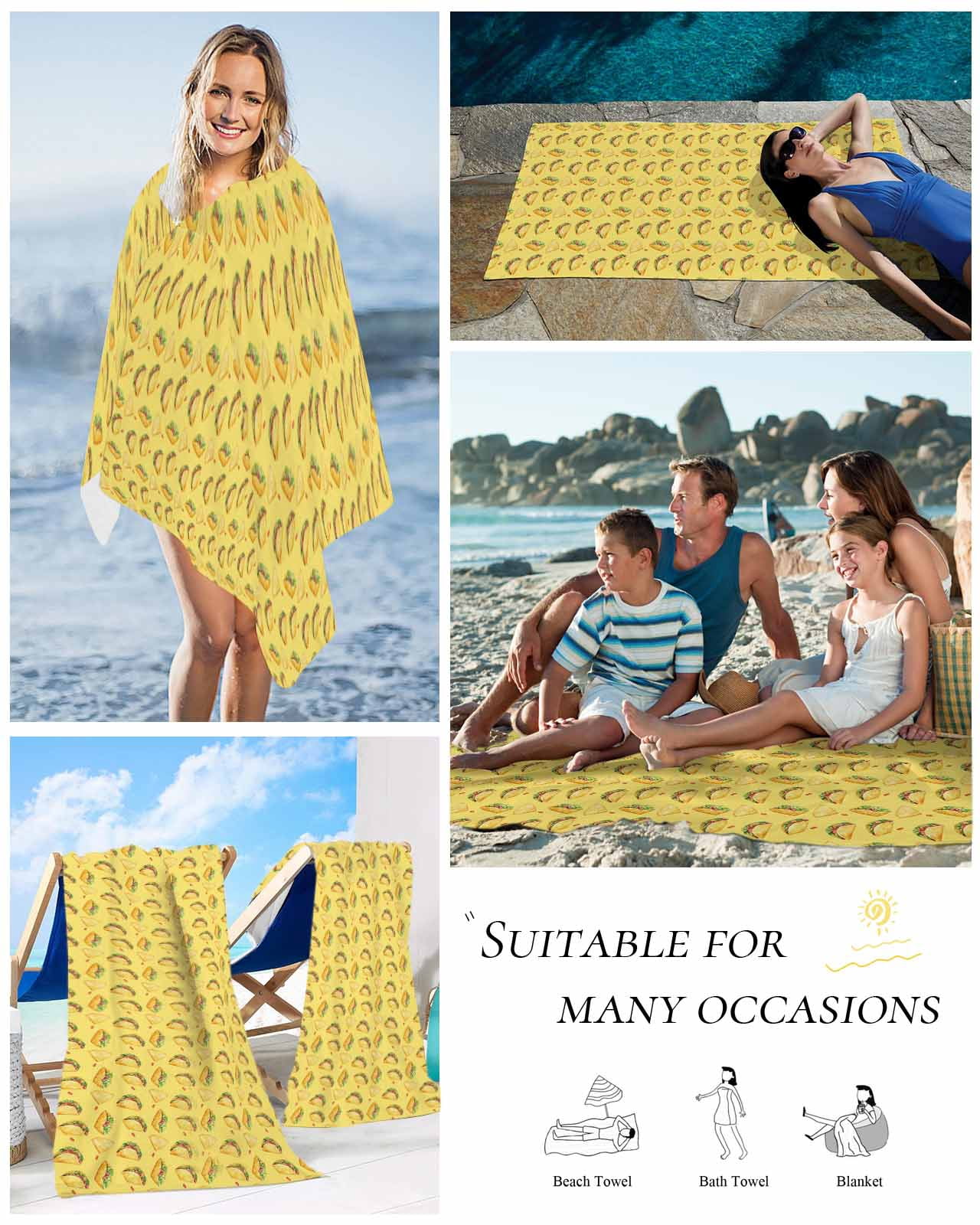 Yellow Tacos Beach Towels Oversized Super Absorbent, Cheese Vegetables Cartoon Food Lightweight Bath Towel Quick Dry Sets For Bathroom/Pool/Rv Camping/Beach Play/Gym Room/Picnic 23"x47"