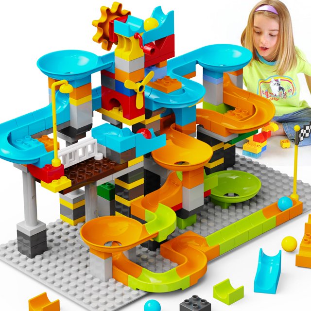 JIXIn 3in1 Marble Runs for Kids 4-8/Building Blocks Compatible with LEGO DUPLOS for Age 2-5/Marble Run for Kids Ages 3-5 STEM Toy Set with 164 Pcs Classic Big Block/Gift