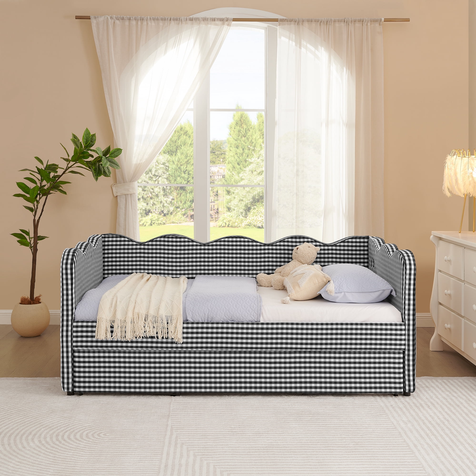 GARITIN Twin Size Daybed with Trundle, Gingham Sofa Bed with USB Port and Wavy Shape Headboard for Kids Room, Black