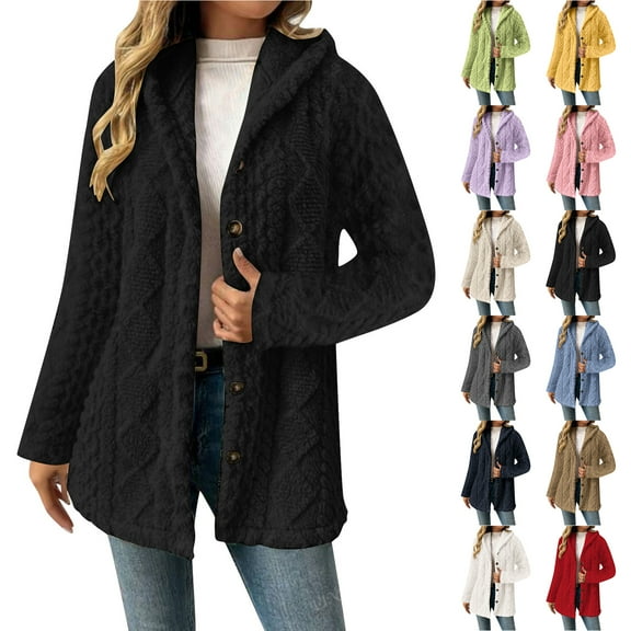 Otntypg Fall Winter Fleece Hooded Jackets for Women Plush Thick Warm Button Long Sleeve Open Front Cardigan Tops Loose Oversized Comfy Fuzzy Hoodie Outwear Coat White XXL