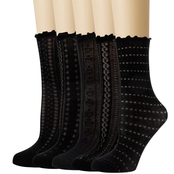 Bocaoying 5 Pairs Lace Socks Sheer Socks for Women, Thin Mesh Breathable Ankle Socks with Ruffle Lace, Non-Binding Cuff Lettuces Crew Socks for Daily Casual Wear, 5 Black Patterns, 5-10
