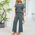 thumbnail image 4 of ylioge Waffleknit Pajama Sets for Women with Pockets 2 Piece Loungewear Outfits Womens Casual Solid Color Short Sleeve Tops and Pants Homewear Pajamas, 4 of 8
