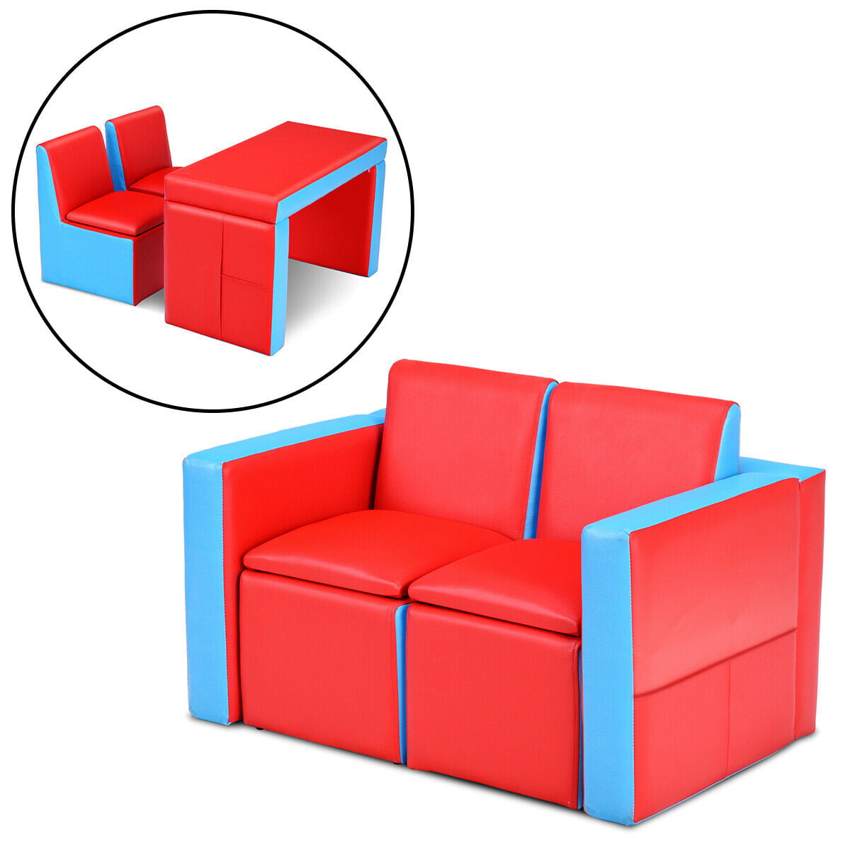 Multifunctional Children's Table Chair Set for Kids Room Playroom Blue Kids Double Seat Sofa 2 in 1 PVC Leather Toddler 2-Seater Couch Armchair with Heart Shape Back for Boys and Girls 