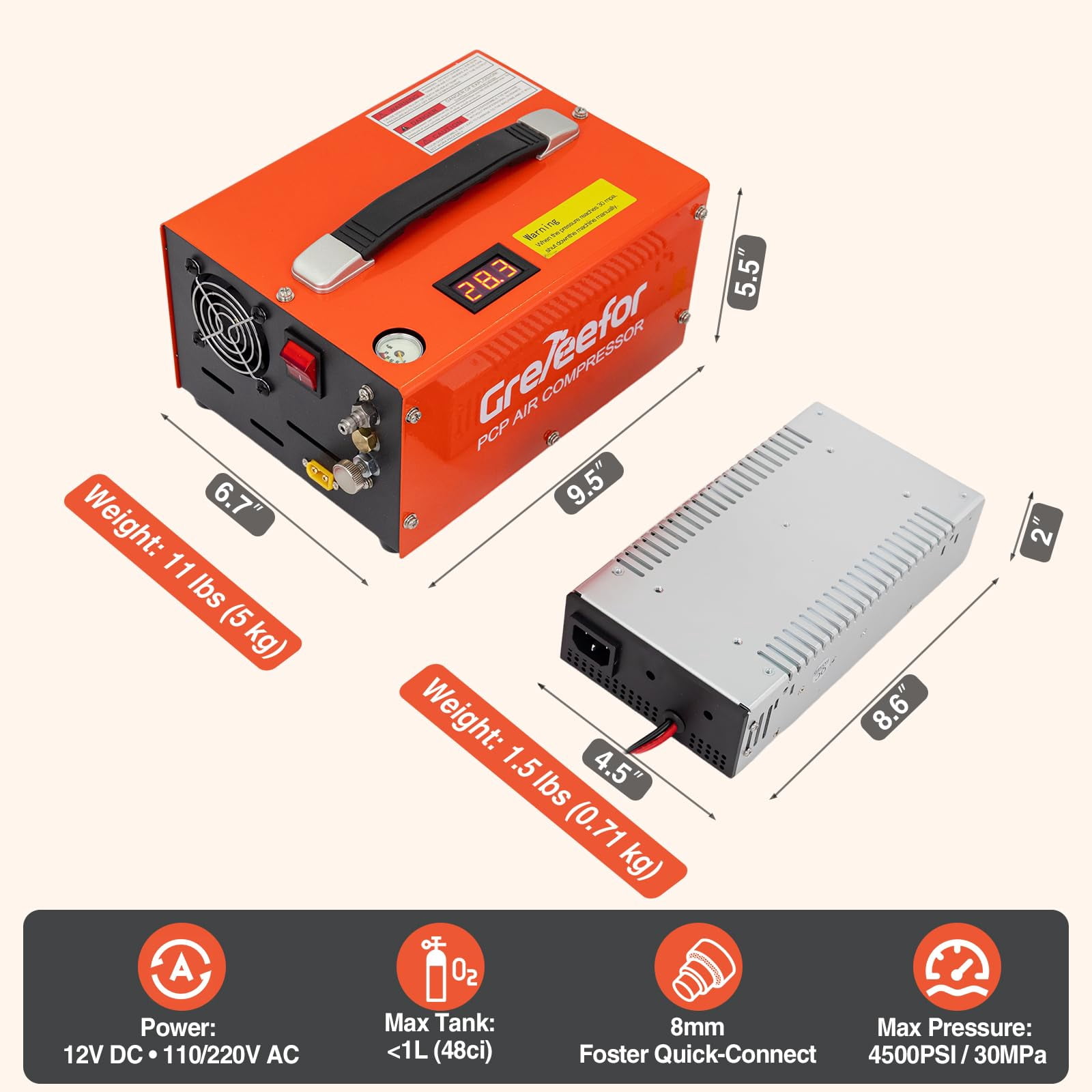 Greteefor PCP Air Compressor, Built-in 600W Adapter, 4500Psi/30Mpa, 350W Motor, 12V DC or 110V/220V AC Power, Auto Stop, Water/Oil free &Cooling Fan for Air Rifle, Paintball, HPA Tanks LightWeight