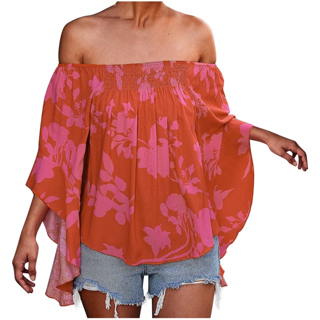 Camisetas estampadas a la moda con hombros descubiertos para mujer, camiseta Sexy informal con manga de trompeta de verano para mujer Pompotops hkajfhjk473816
