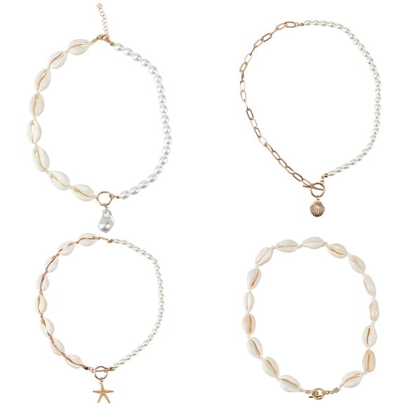 4PCS Sea Shell Necklace for Women Boho Shell Choker Necklace Beach Puka Seashell Necklaces Adjustable Baroque Pearl Pendant Gold Necklace Jewelry Collection for Prom Party
