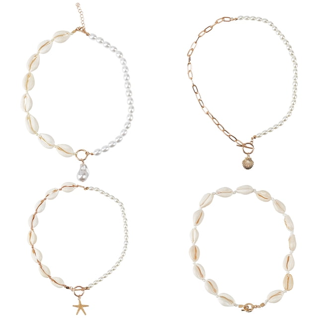4PCS Sea Shell Necklace for Women Boho Shell Choker Necklace Beach Puka Seashell Necklaces Adjustable Baroque Pearl Pendant Gold Necklace Jewelry Collection for Prom Party