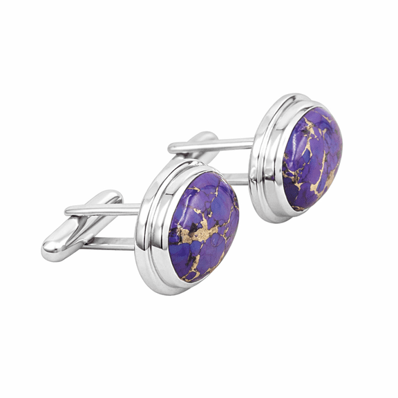 Earth Gems Jewelry Turquoise Cufflinks - Sterling Silver Oval Purple Gemstone Tuxedo Studs for Men