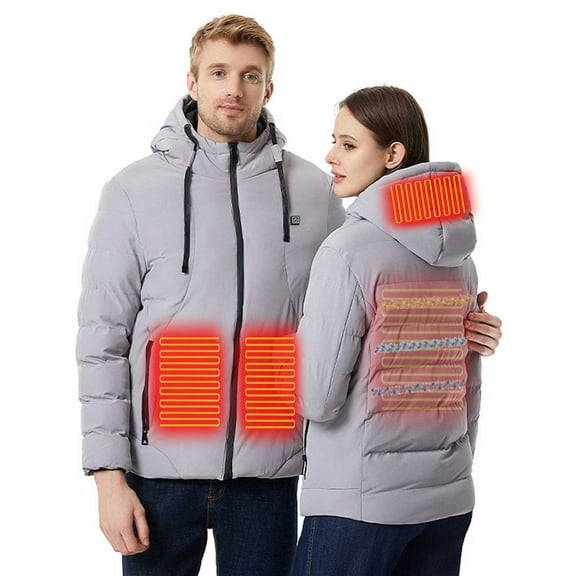 qucoqpe Heated Jacket with Hood (Unisex), 4 Heat Zones, USB Intelligent Constant Temperature, Winter Outdoor Waterproof Windproof Heated Coat for Women and Men (Battery Not Included)