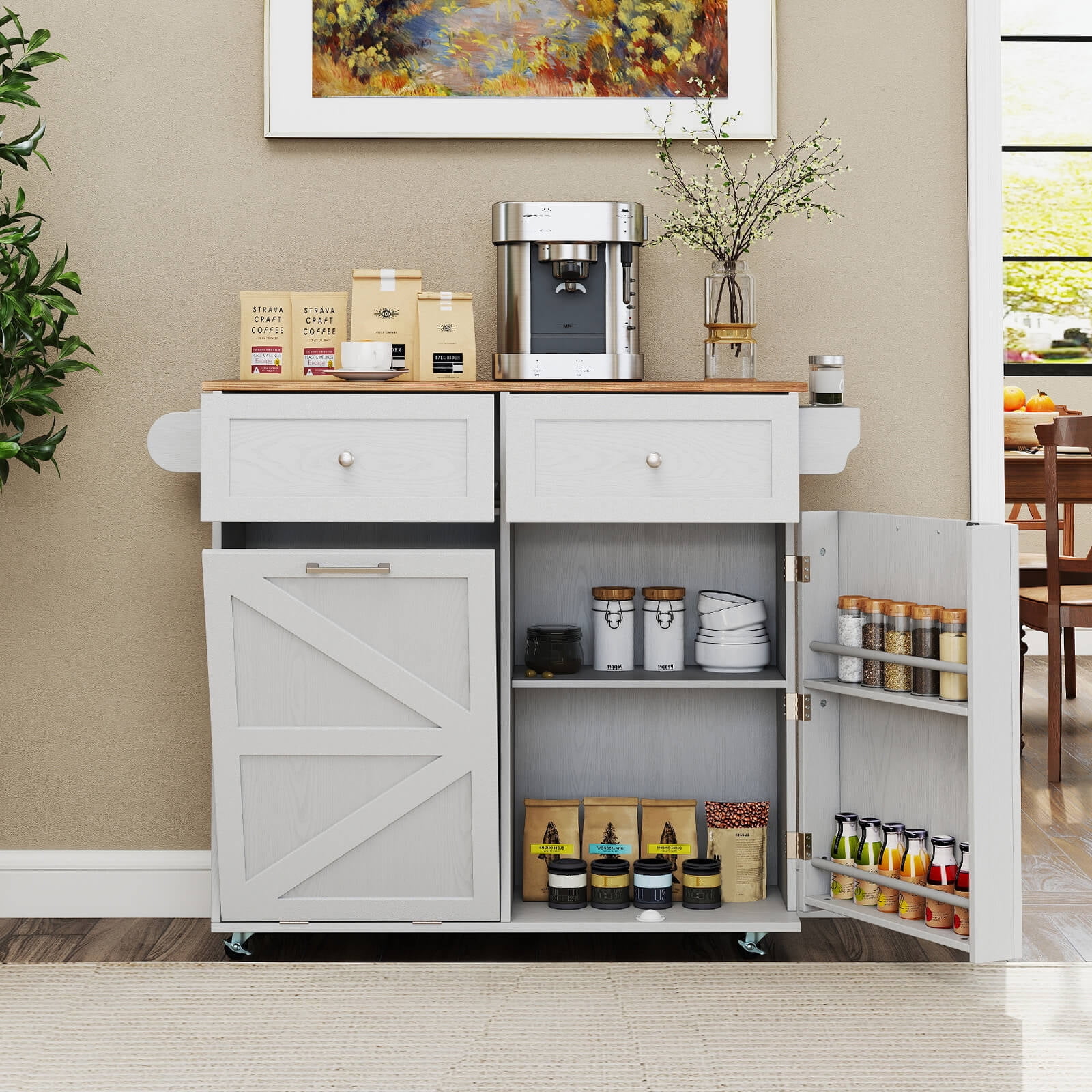 Costway Rolling Kitchen Island Kitchen Island Cart with Drop Leaf Trash Can Cabinet Gray