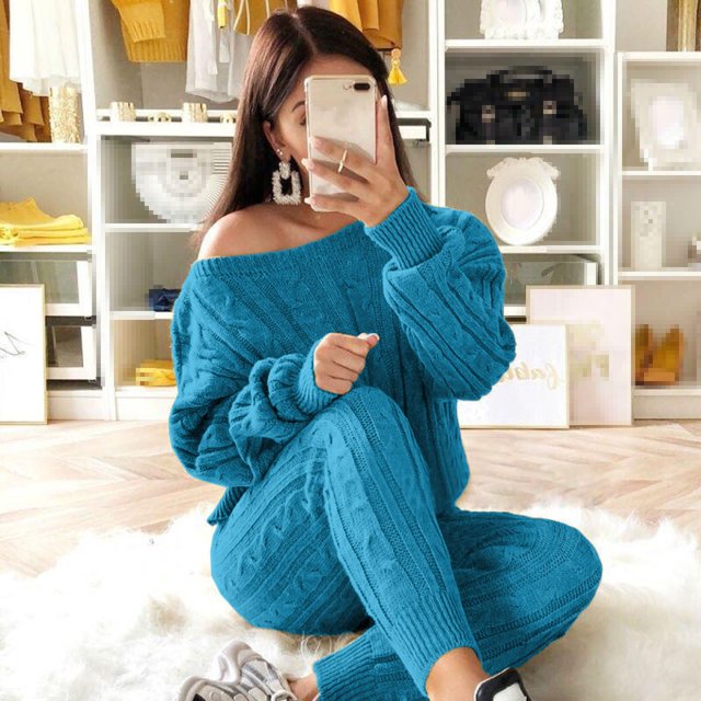 PVCS Womens Solid Color Off Shoulder Long Sleeve Cable Knitted Warm Two-Piece Long Pants Sweater Suit Set