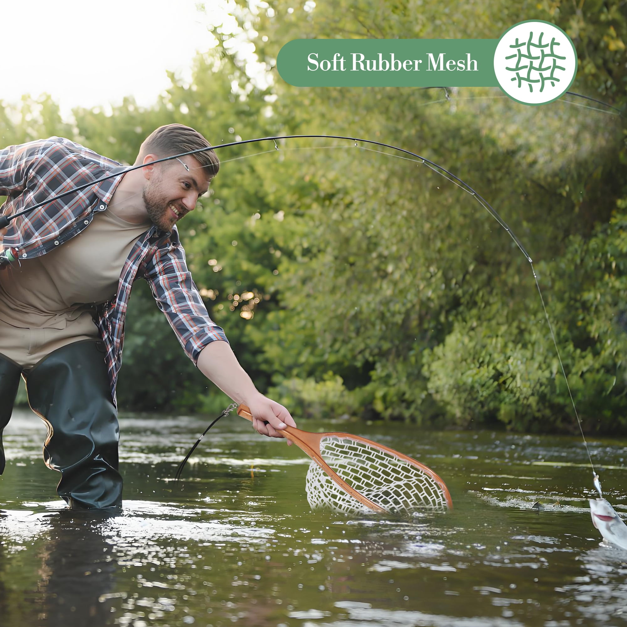 Superior Fly Fishing Landing Net – Lightweight & Durable – Rubber-Coated Fine Mesh – Wooden Ergonomic Handle