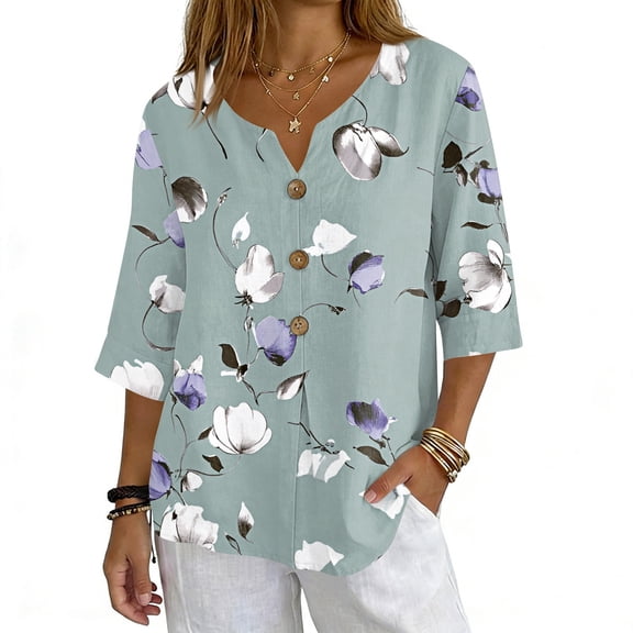JULMCOMO Shirts for Women Floral Print 3 Button Notch Neck 3/4 Sleeve Loose Fit Casual Tunic Tops Comfy Summer Shirts Light Purple XL