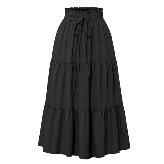 Women Black Solid Layered Pleated Skirt with Elastic Waistband, Flowy Casual Vacation Skirt, Comfortable High-Drape Bottom Garment for Spring Outdoor Trips, Sightseeing and Daily Leisure Styling