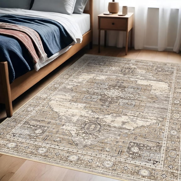 Washable 4x6 Area Rugs - Living Room Area Rug Stain Resistant Carpet Vintage Lightweight Ultra-Thin Rugs for Bedroom Kitchen entryway with Non Slip Backing Home Decor Small Mat 4X6 Beige