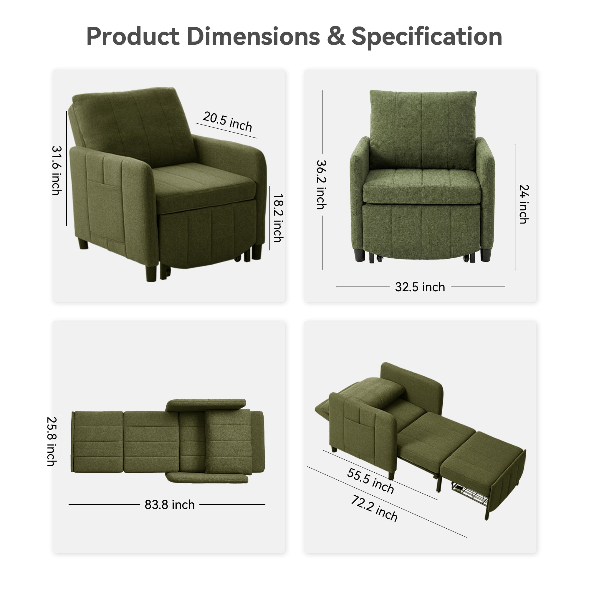 YIKEMA 4-in-1 Convertible Sleeper Chair Bed, 84 Inch Extra Long Pull Out Sofa for Tall Guests, Adjustable Backrest Lounge with Side Storage & Metal Frame, 500 lbs Capacity, Green